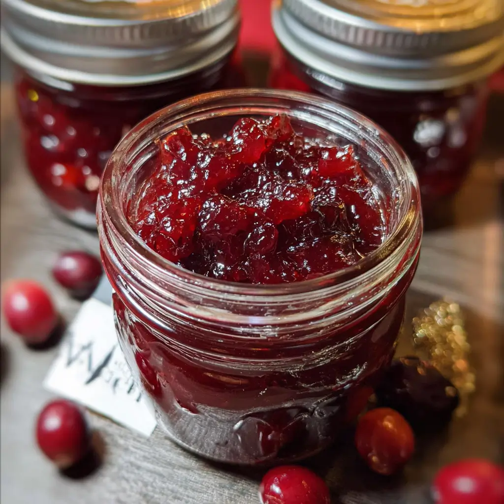 Homemade sweet Christmas cranberry jam in a jar with festive decorations.