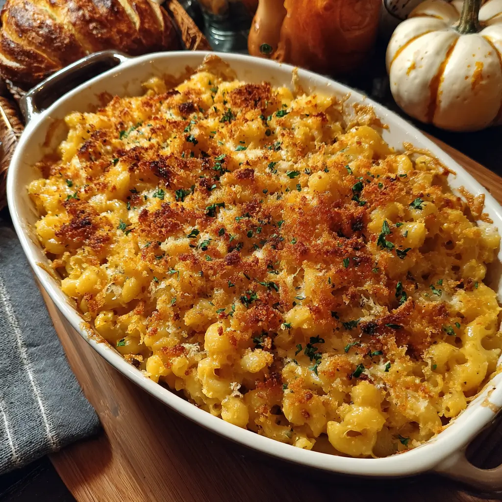 Creamy baked Thanksgiving mac and cheese with golden breadcrumb topping.