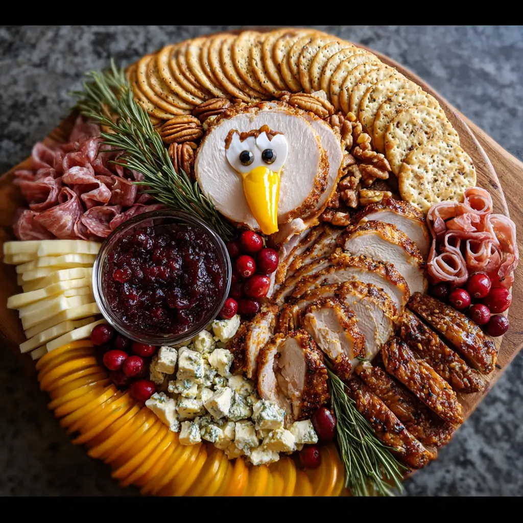 Thanksgiving turkey charcuterie board made with meats, cheeses, and fruits.