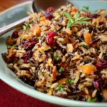Thanksgiving wild rice with cranberries, herbs, and toasted pecans.