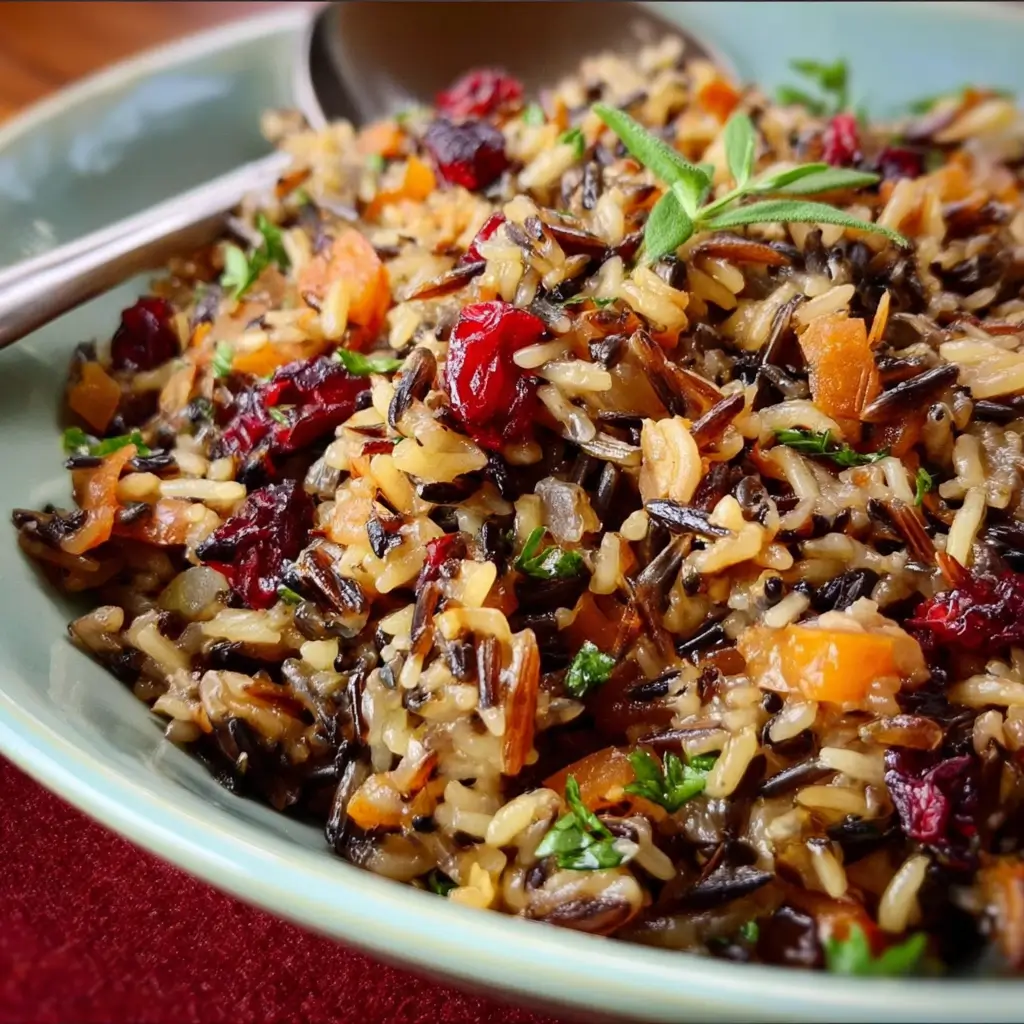 Thanksgiving Wild Rice 1 Thanksgiving wild rice with cranberries, herbs, and toasted pecans.