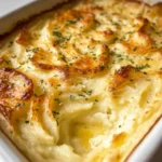 Creamy baked mashed potatoes topped with chives in a rustic dish.