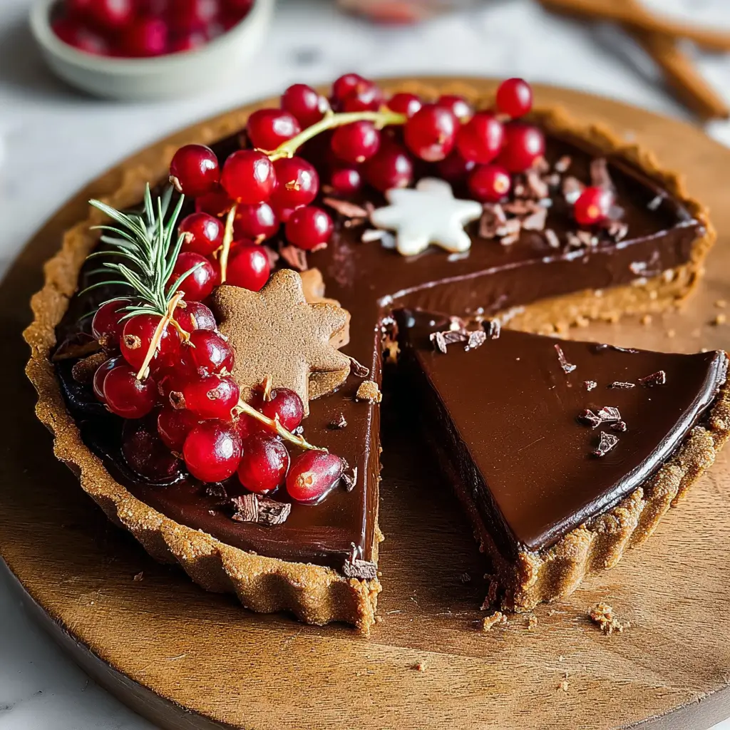 Slice of vegan gingerbread chocolate tart topped with coconut cream.