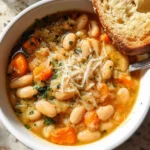Bowl of creamy white bean soup garnished with fresh parsley.