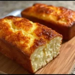 Freshly baked zero carb yogurt bread sliced on a cutting board.