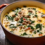 Bowl of creamy Zuppa Toscana soup with sausage, kale, and potatoes.