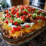 Classic 7-layer taco dip with beans, sour cream, guacamole, cheese, and vegetables