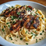 Plate of creamy Blackened Cajun Chicken Alfredo with parsley garnish