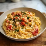 Buttered lobster pasta served in a white bowl with parsley garnish