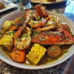 Cajun seafood boil with shrimp, crab, corn, and garlic butter sauce on a serving tray