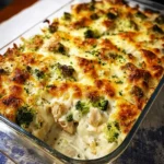 Creamy Easy Chicken Broccoli Alfredo Bake fresh from the oven