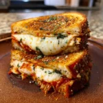 Chicken Parmesan Grilled Cheese sandwich with melted mozzarella and marinara sauce