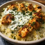 Easy chicken tzatziki rice bake fresh out of the oven with golden chicken and fluffy rice