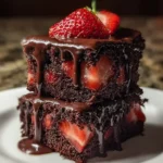 Decadent chocolate covered strawberry brownies sliced on a white plate