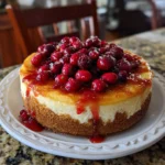 Cranberry Orange Cheesecake with a glossy cranberry topping and orange zest