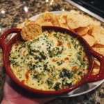 Creamy spinach artichoke dip topped with melted mozzarella and parsley
