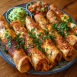 Crispy golden oven-baked chicken taquitos on a serving platter