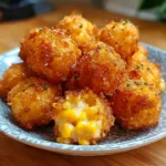 Close-up of crispy corn cheese bites with golden coating and melted cheese