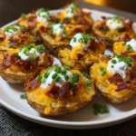 Crispy mini loaded potato skins topped with cheddar cheese, turkey beef, and green onions