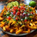 Crispy loaded nacho fries with melted cheese and jalapeños