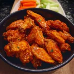 Crockpot Buffalo Wings served on a platter with celery and carrot sticks