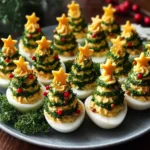 Festive deviled egg Christmas trees on a serving platter