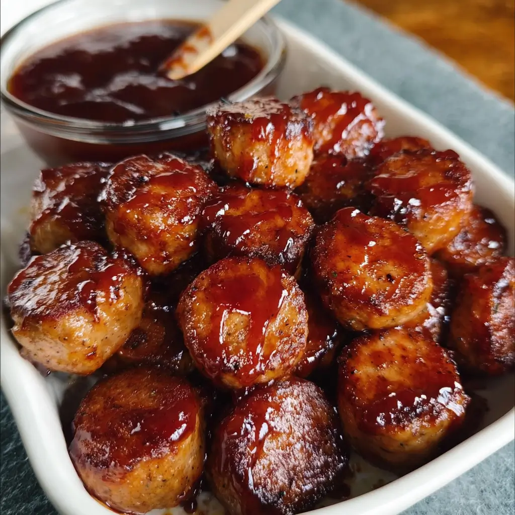 Easy BBQ Sausage Bites Recipe 3 Easy BBQ sausage bites with a sticky, caramelized glaze