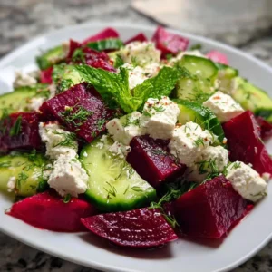 Fresh feta cucumber beet salad served in a white bowl with parsley garnish