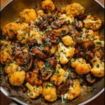 Garlic Cauliflower Mushroom Skillet in a cast iron skillet with parsley garnish