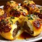 Plate of Garlic Parmesan Cheeseburger Bombs with melted cheese oozing