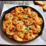 Garlic parmesan roasted shrimp fresh out of the oven on a baking sheet.