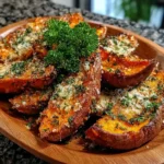 Oven-baked garlic parmesan sweet potato wedges with golden edges