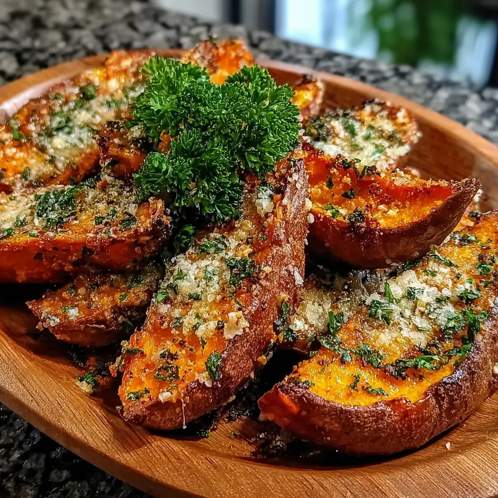 Oven-baked garlic parmesan sweet potato wedges with golden edges
