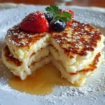 Stack of golden gluten free cottage cheese pancakes with fresh berries and maple syrup