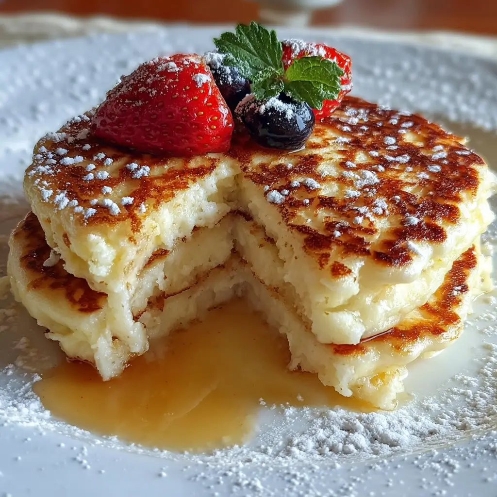 Stack of golden gluten free cottage cheese pancakes with fresh berries and maple syrup