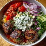 Greek Meatball Bowl with rice, vegetables, and creamy yogurt sauce