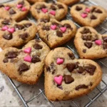 Heart shaped chocolate chip cookies on a white plate