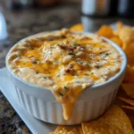 Baked Hissy Fit Dip in a small baking dish with tortilla chips on the side