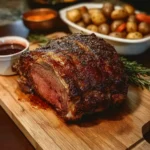perfectly roasted holiday prime rib on platter with herbs