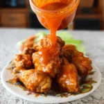 Homemade buffalo wing sauce in a small bowl with wings