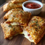 Freshly baked homemade cheesy pizza pockets on a baking sheet