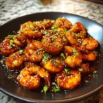 Honey garlic shrimp glazed in sticky sauce on a plate