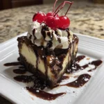 Hot Fudge Sundae Brownie Cheesecake slice with whipped cream and cherry