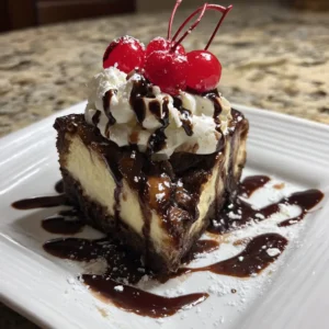 Hot Fudge Sundae Brownie Cheesecake slice with whipped cream and cherry