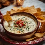 Creamy Mexican white cheese dip in a bowl with tortilla chips