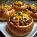 Mini Chili Football Bread Bowls filled with hearty homemade chili
