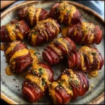 Golden baked mustard Hasselback kielbasa bites on a platter
