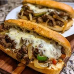 Philly Cheesesteak with melted cheese, beef, and sautéed vegetables on toasted hoagie roll