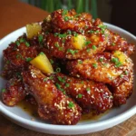 Pineapple Cowboy Candy Chicken Wings with sticky golden glaze