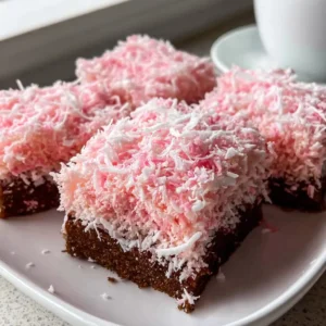 Pink Coconut Snowball Cake Bars topped with shredded coconut